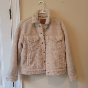 Levi's Cream Beige Fleece Sheepskin Shearling Bomber Jacket Coat Size L